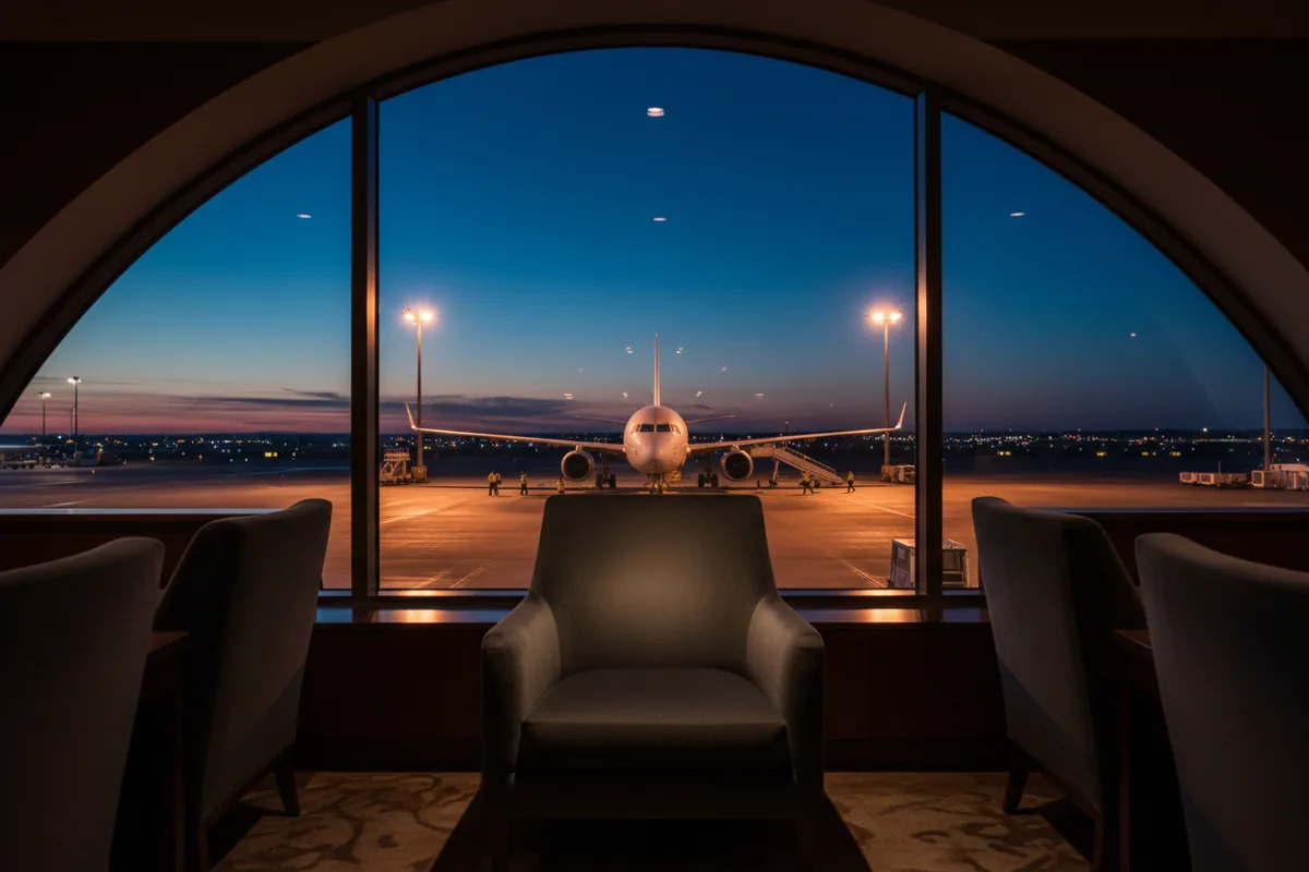 View of an airplane on the tarmac at dusk from inside a quiet, modern airport lounge.