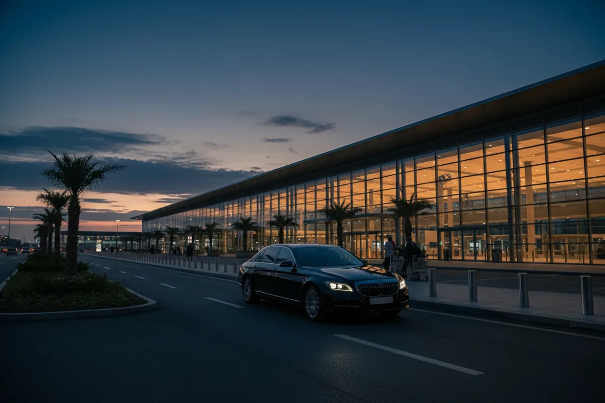 Luxury car arriving at a modern airport terminal entrance at dusk.