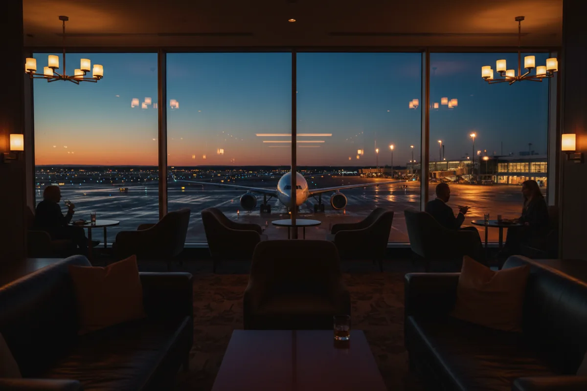 View from a luxury airport lounge overlooking the tarmac and airplanes at twilight.