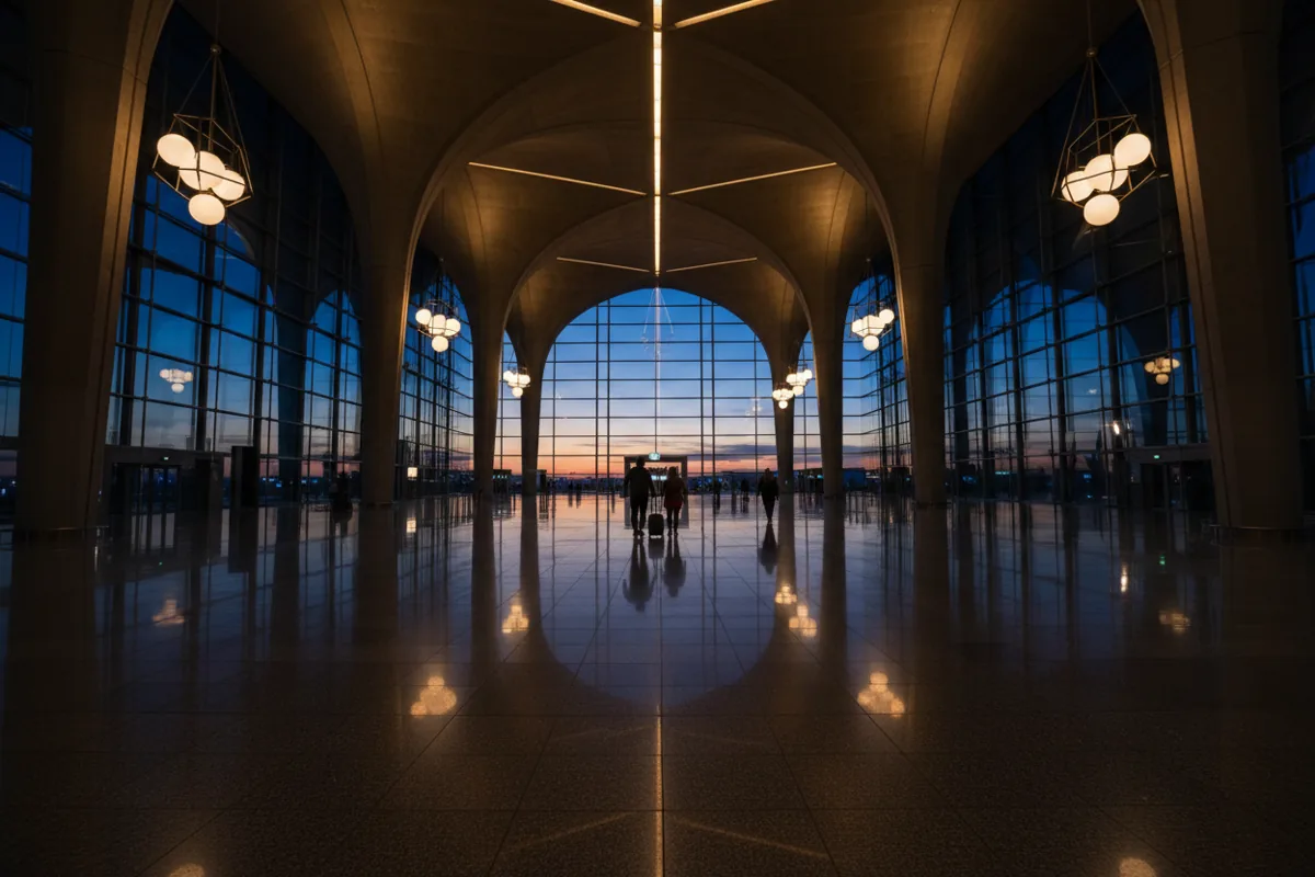 Spacious, modern airport customs hall with dramatic lighting and silhouetted travelers.