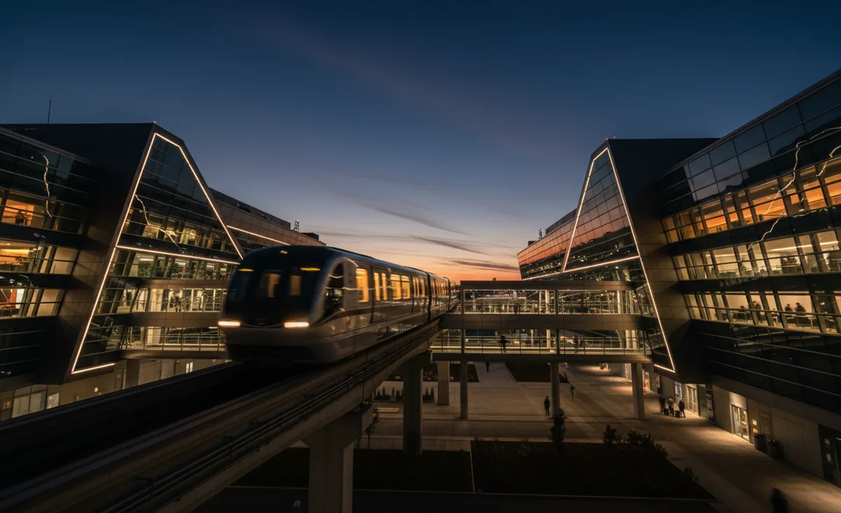 An airport monorail train travels on an elevated track between terminals at night.