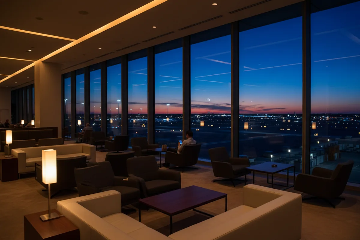 A modern, empty airport lounge with large windows overlooking the tarmac at dusk.