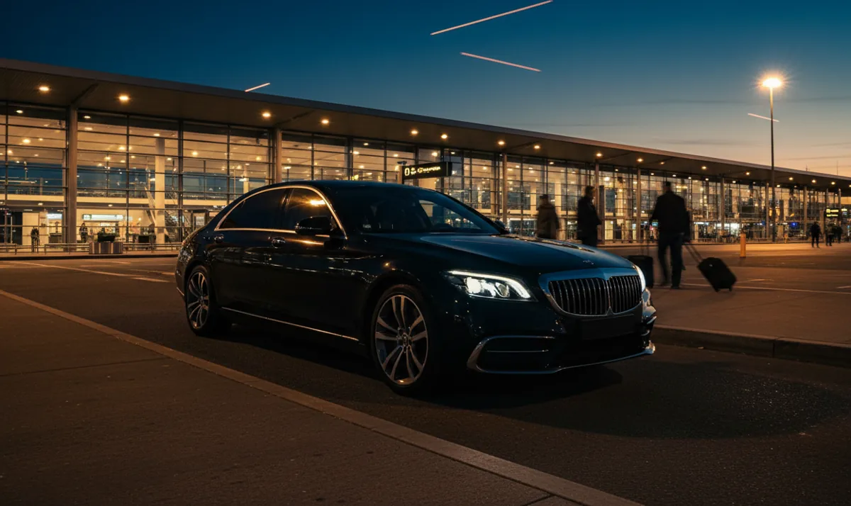 A black luxury car waiting outside an airport terminal at night.