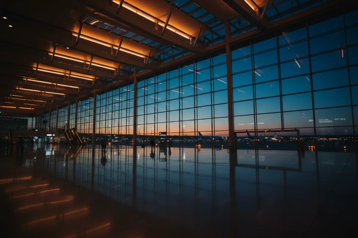 Interior of a modern airport terminal with large windows overlooking the airfield at night.