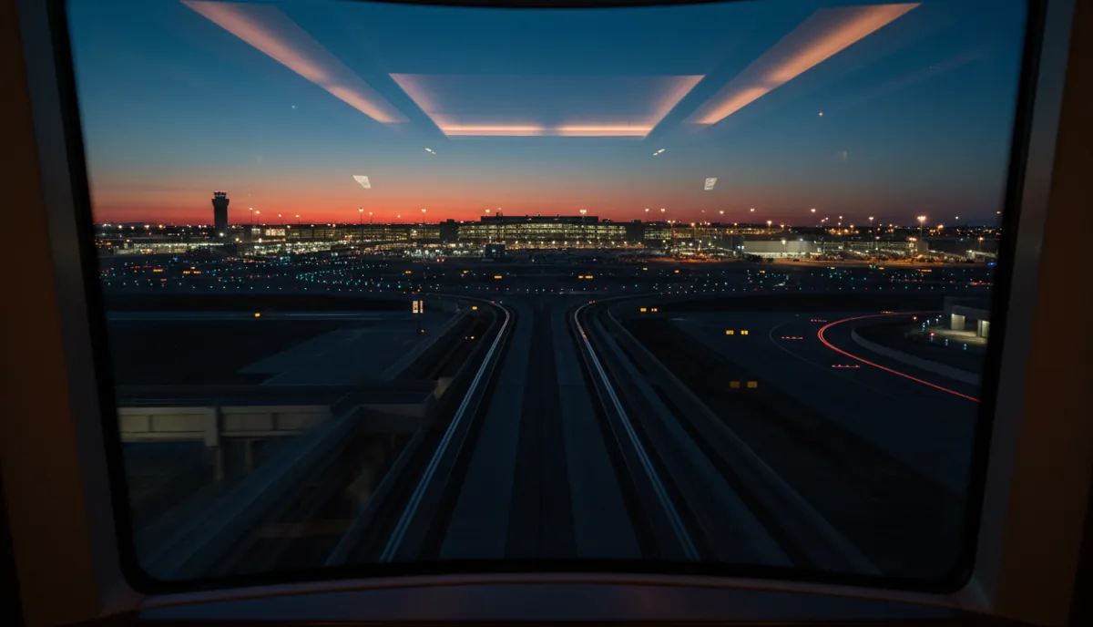 View from an airport transit train showing the track and another terminal building at dusk.