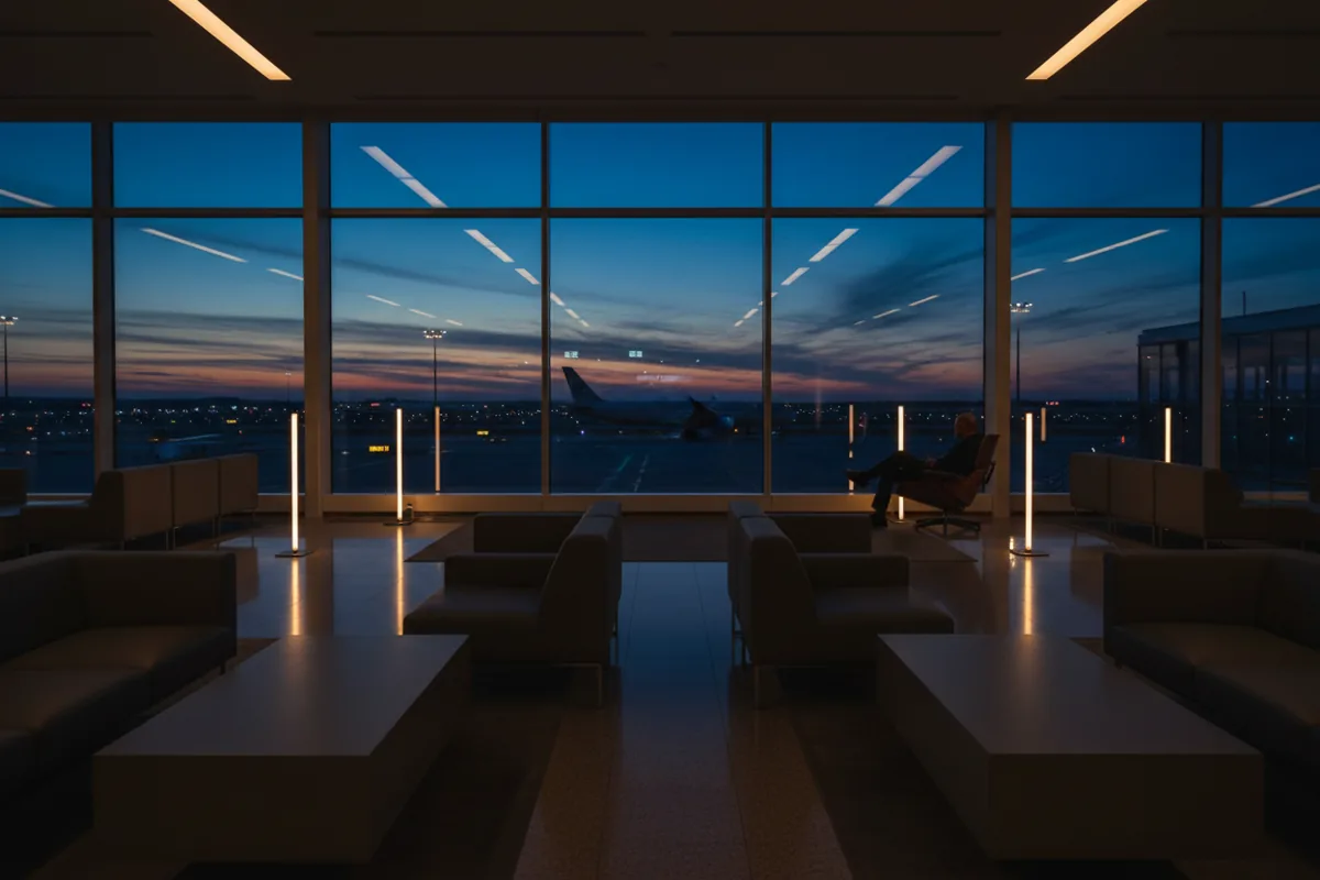 A quiet, luxurious airport lounge with a view of the airfield at twilight.