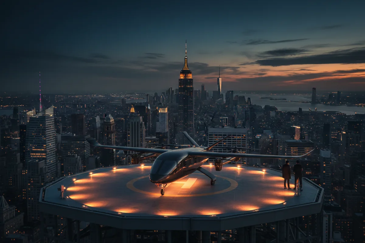 An electric aircraft on a rooftop landing pad in Manhattan at twilight.