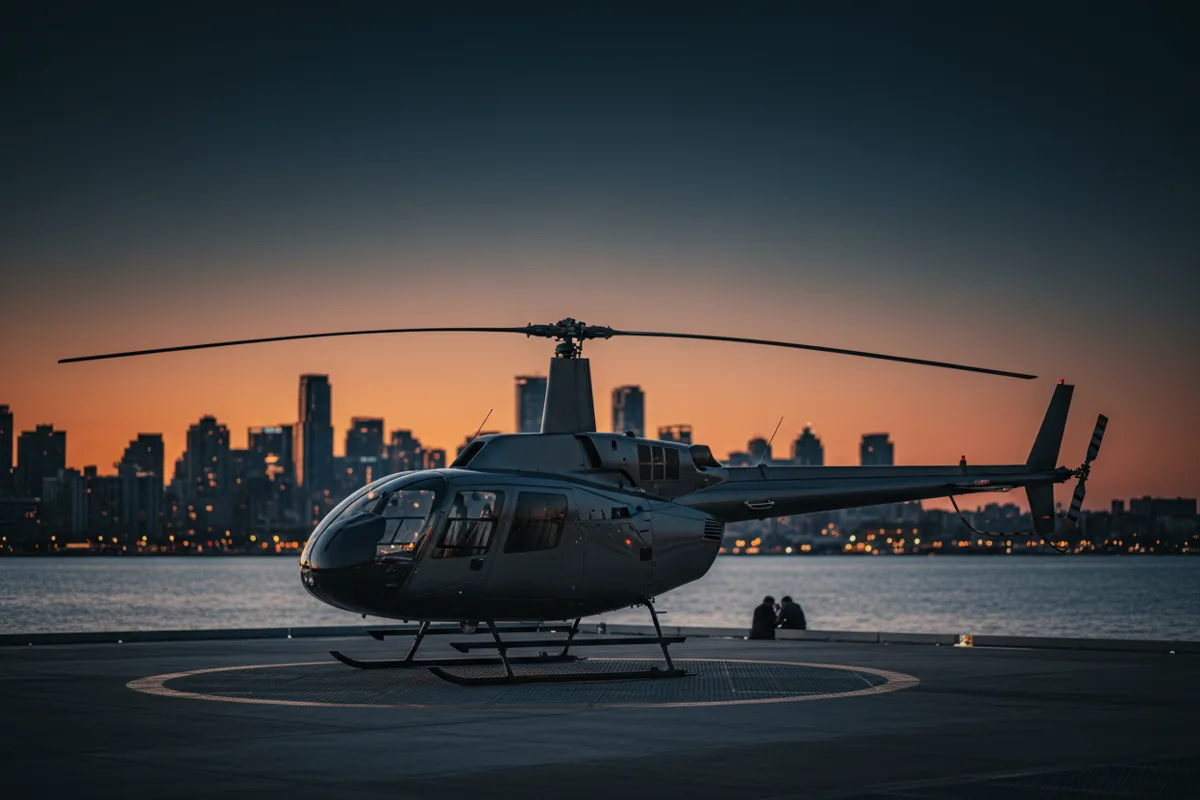 A twin-engine helicopter resting on a waterfront helipad at twilight with a soft city skyline behind it.
