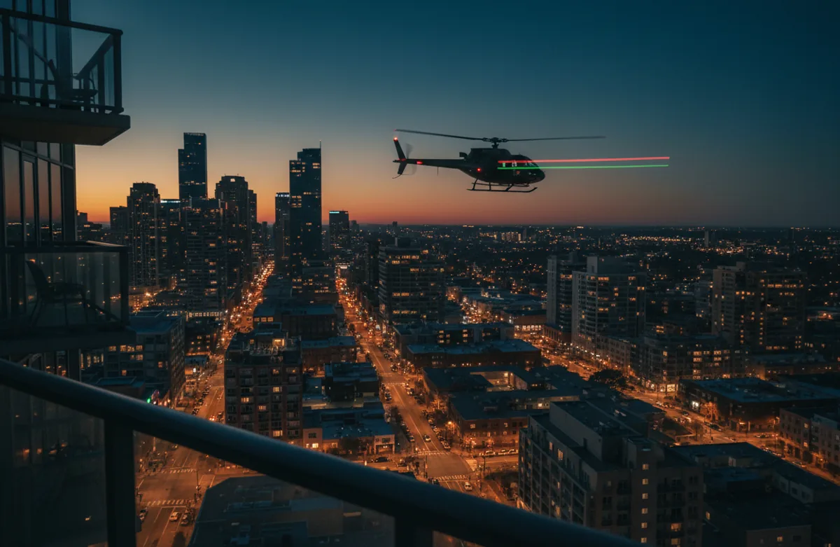 A helicopter flies over an illuminated city grid at night.
