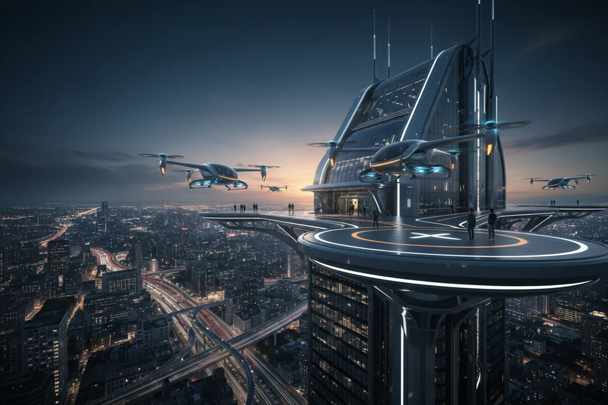 Futuristic air taxis land and depart from a skyscraper skyport at dusk.