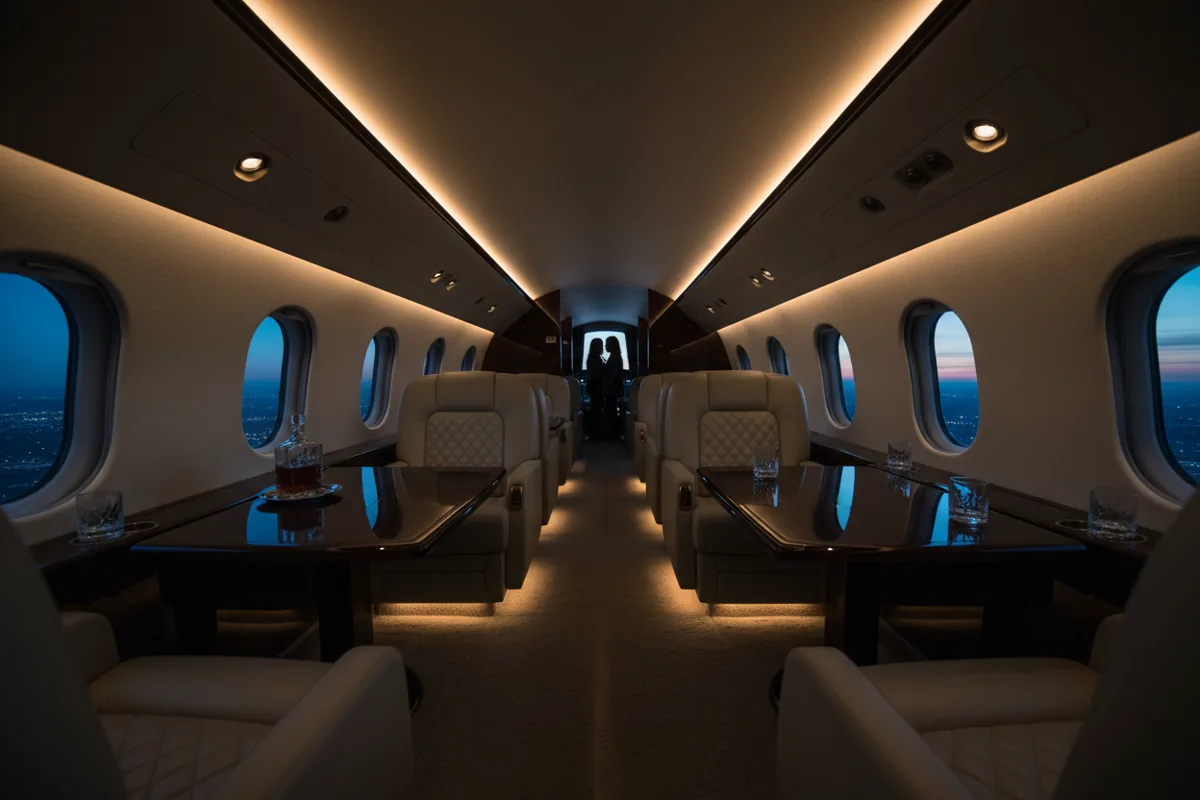 The luxurious and spacious interior of a private jet cabin with lounge seating and warm lighting.