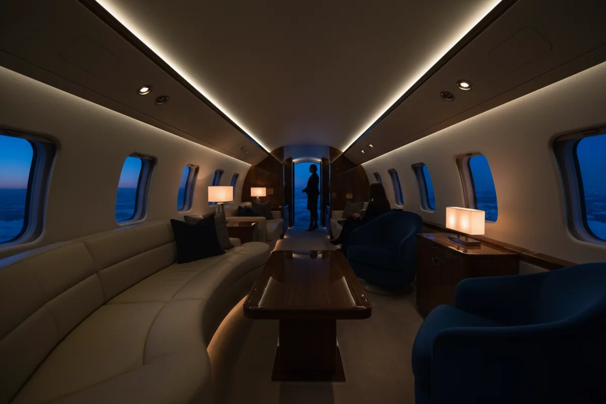 The luxurious and spacious interior of a large private jet, featuring a lounge area with a sofa.