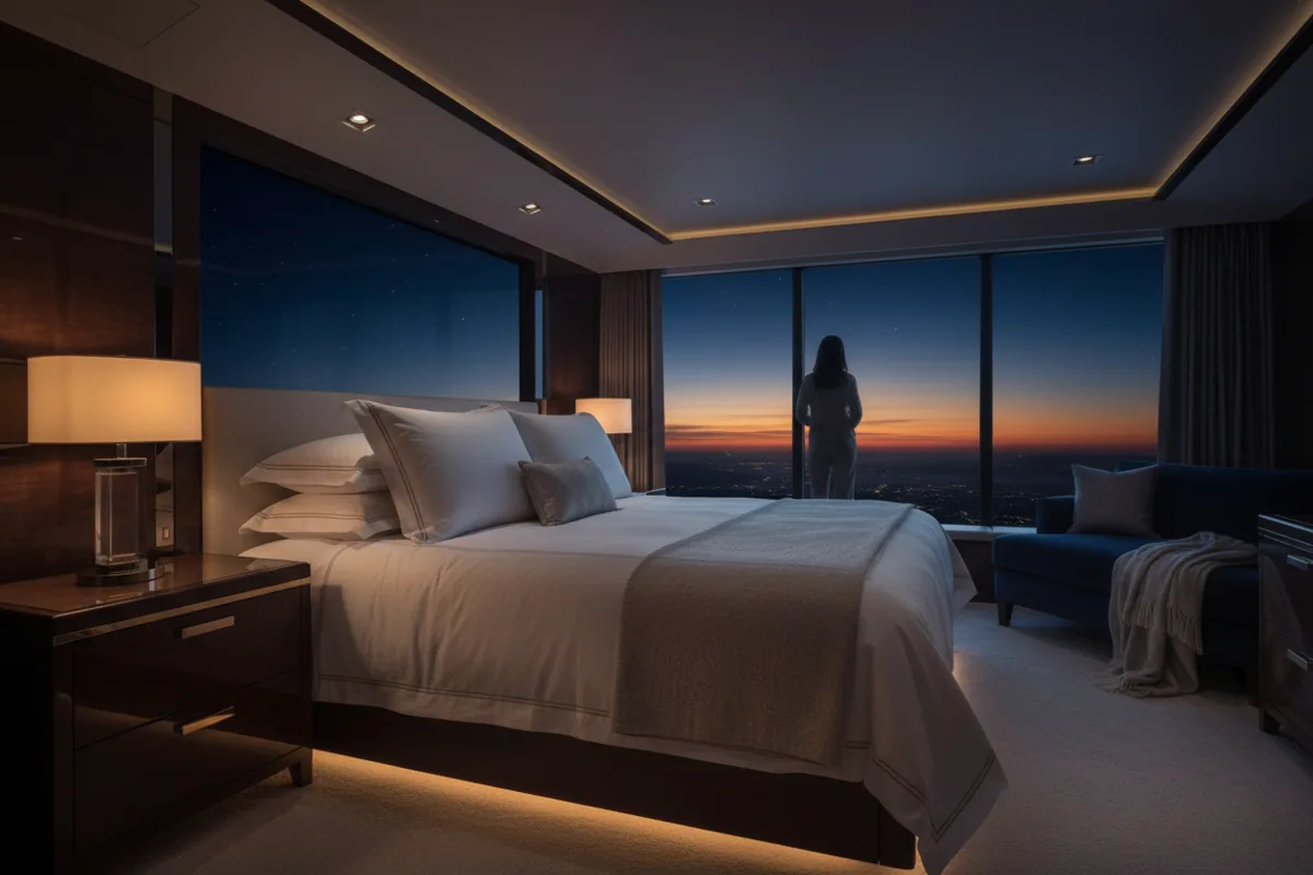 Master bedroom suite inside a luxury private jet with a large bed and a window view of the sunset.