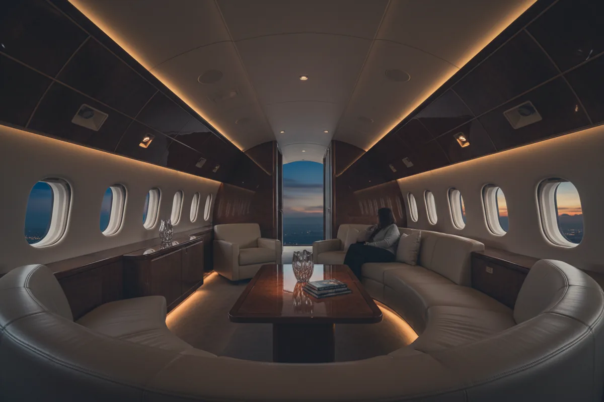 A spacious private aircraft lounge with cream leather sofas and wood paneling, with dusk clouds through small oval windows.