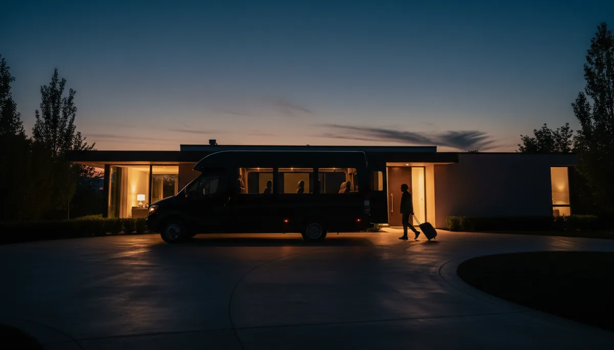 A shuttle van waits in a suburban driveway at dusk, ready to pick up a traveler with luggage.