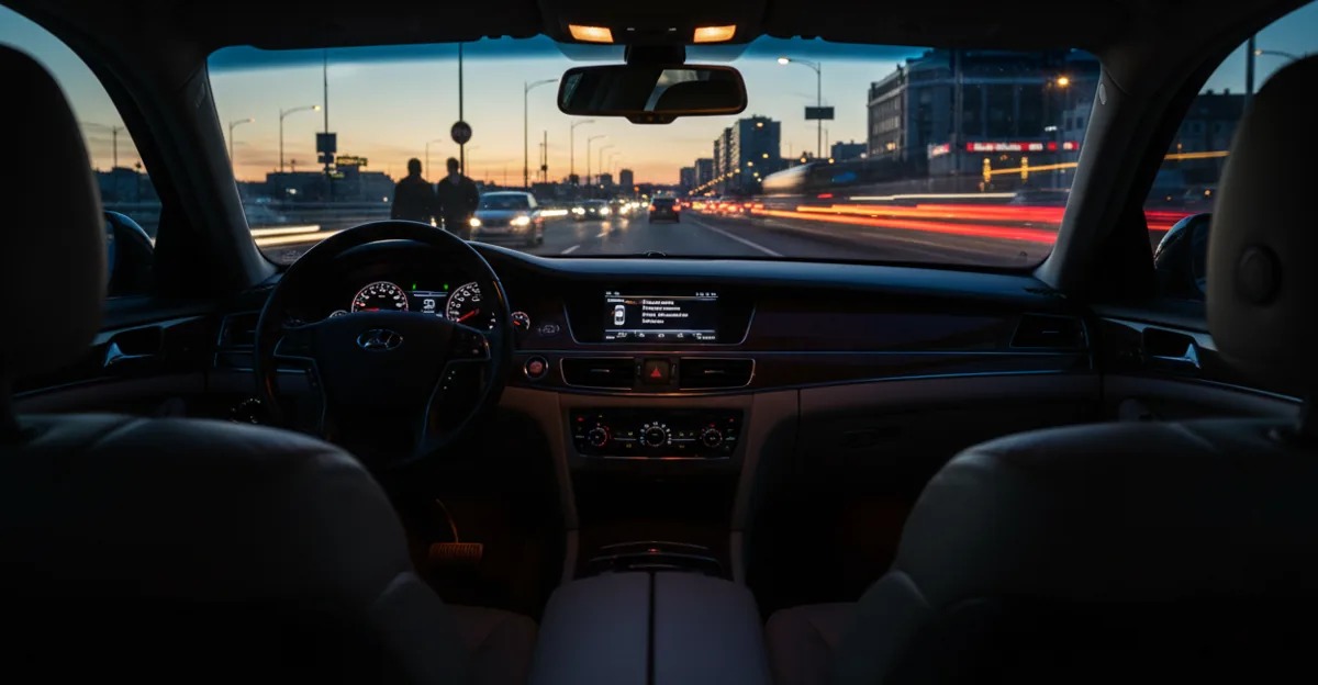 View from the back seat of a luxury car driving through a city at night.