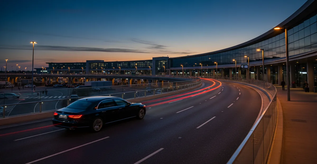 The exterior of a modern airport terminal at dusk, with cars at the departures curb.