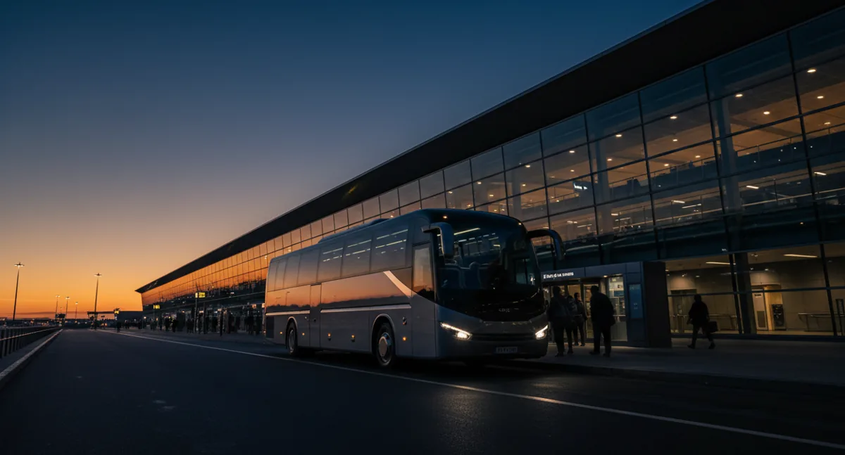 A modern express bus parked outside an airport terminal at sunset.