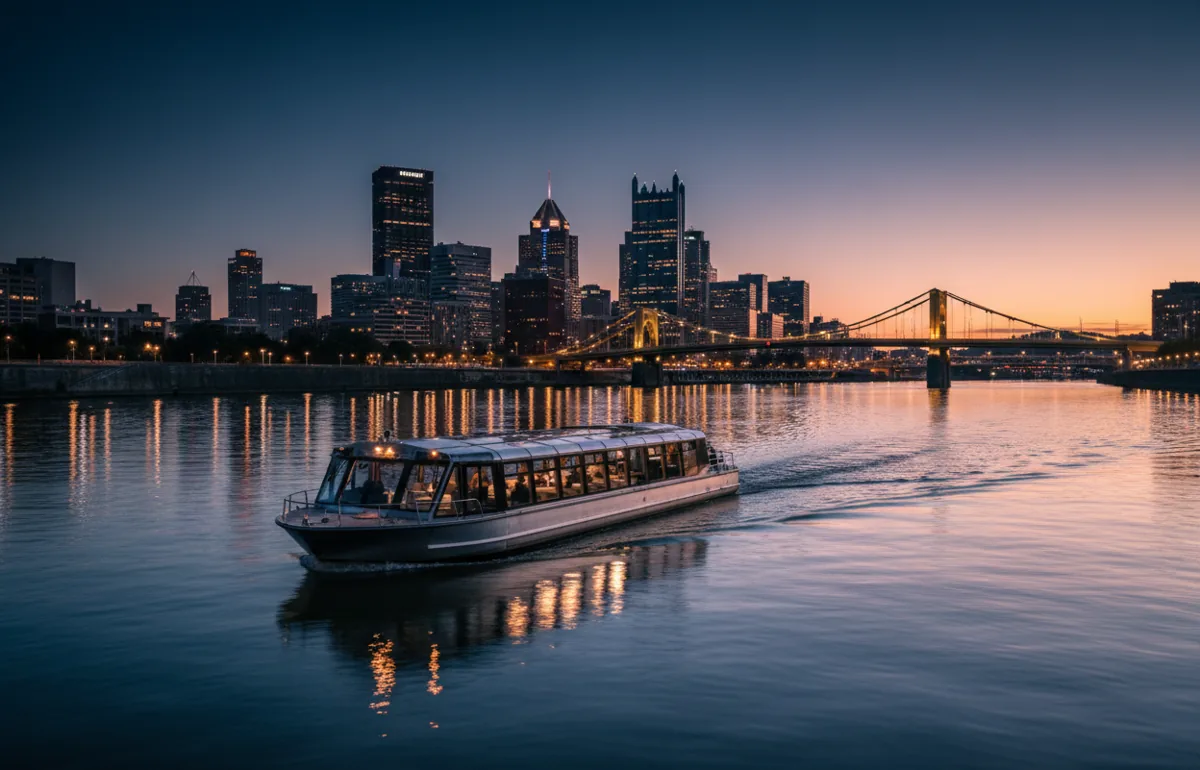 A water taxi on a river approaches a glowing city skyline at dusk.
