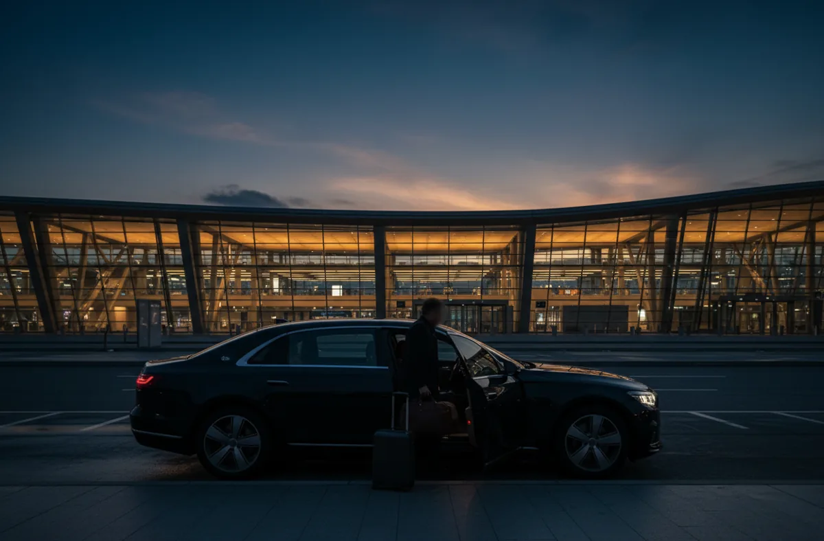 A luxury sedan picks up a passenger at an airport terminal at dusk.