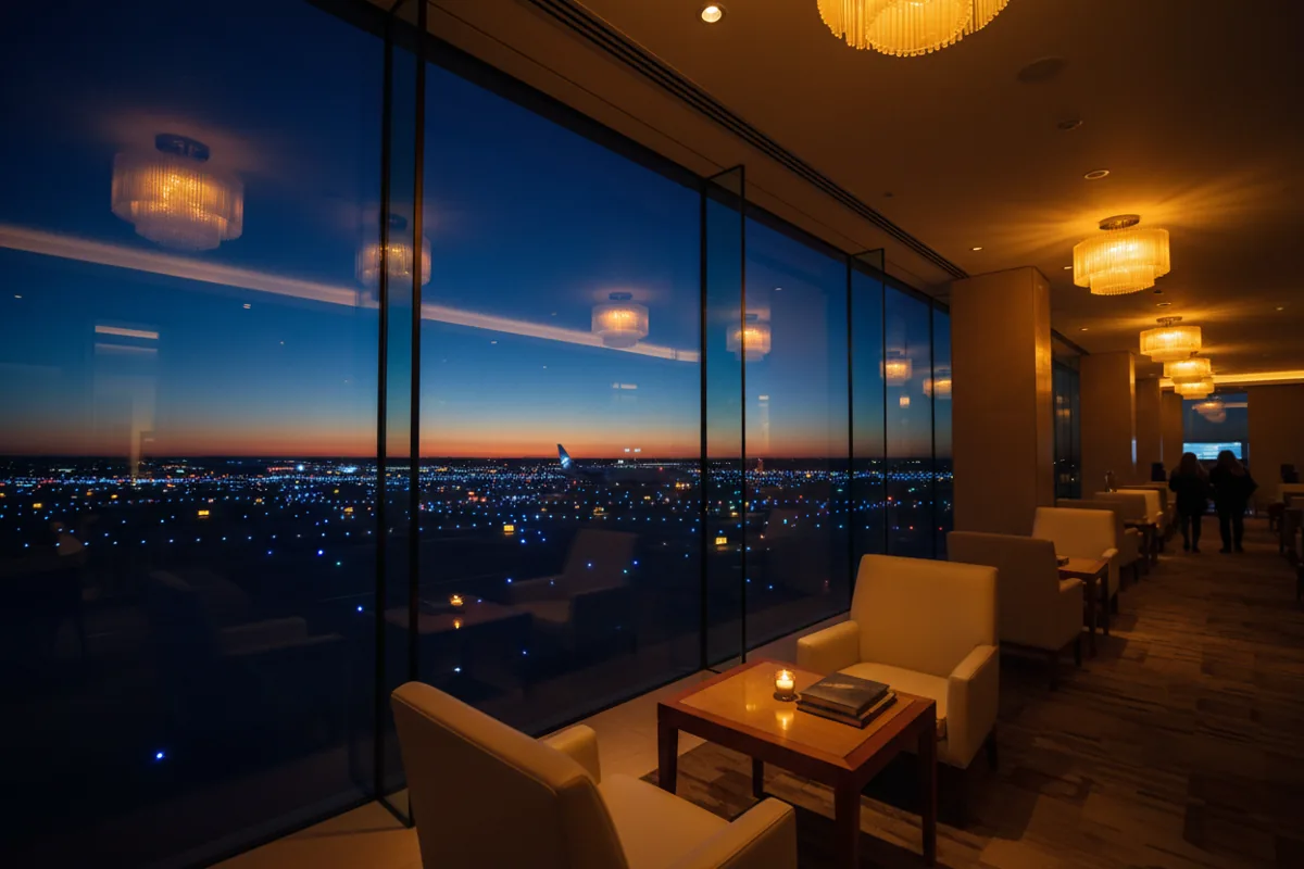 A quiet, modern airport lounge with large windows overlooking an airfield at dusk.