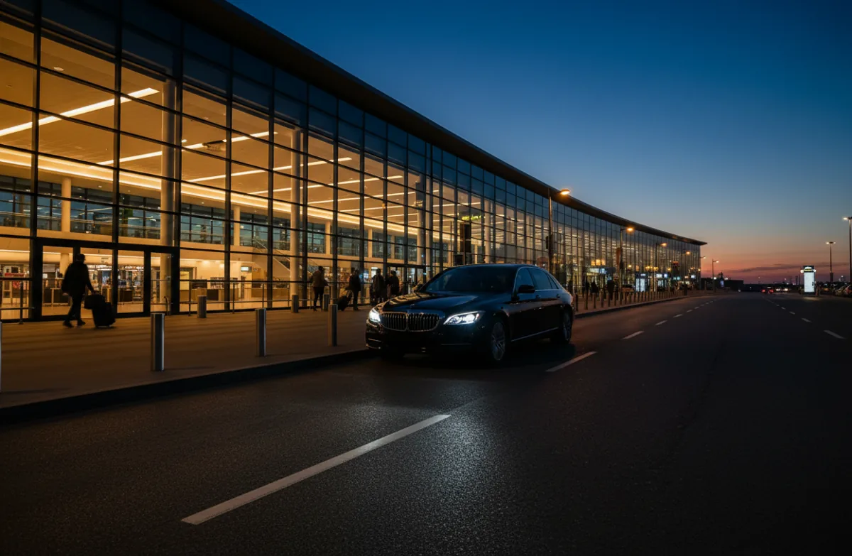 A black car at the curb of a glowing airport terminal entrance at twilight.