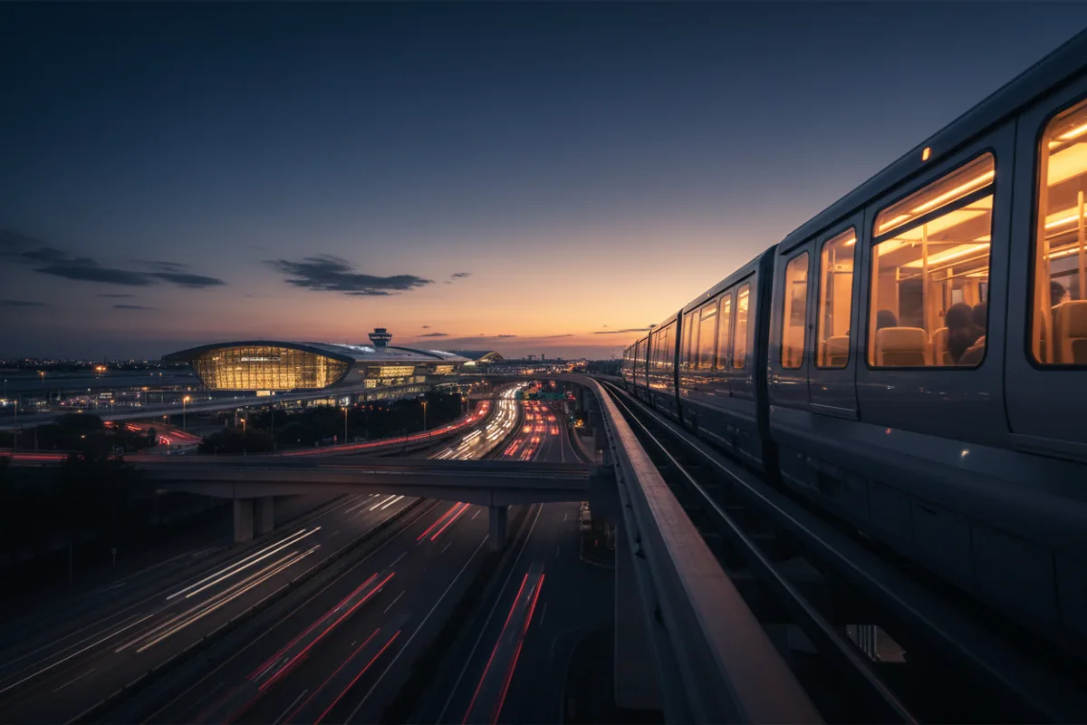 An elevated airport train travels towards a terminal building at dusk.