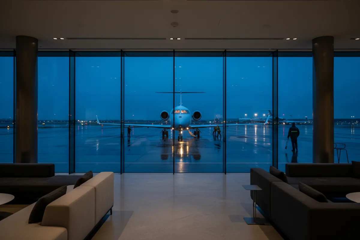 A private jet on the tarmac at dusk, viewed from inside a modern airport lounge.