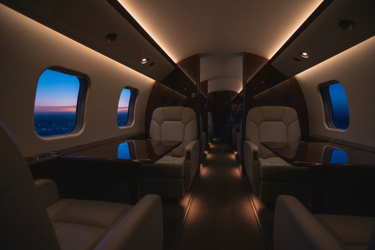 The luxurious, empty interior of a private jet cabin with warm ambient lighting.