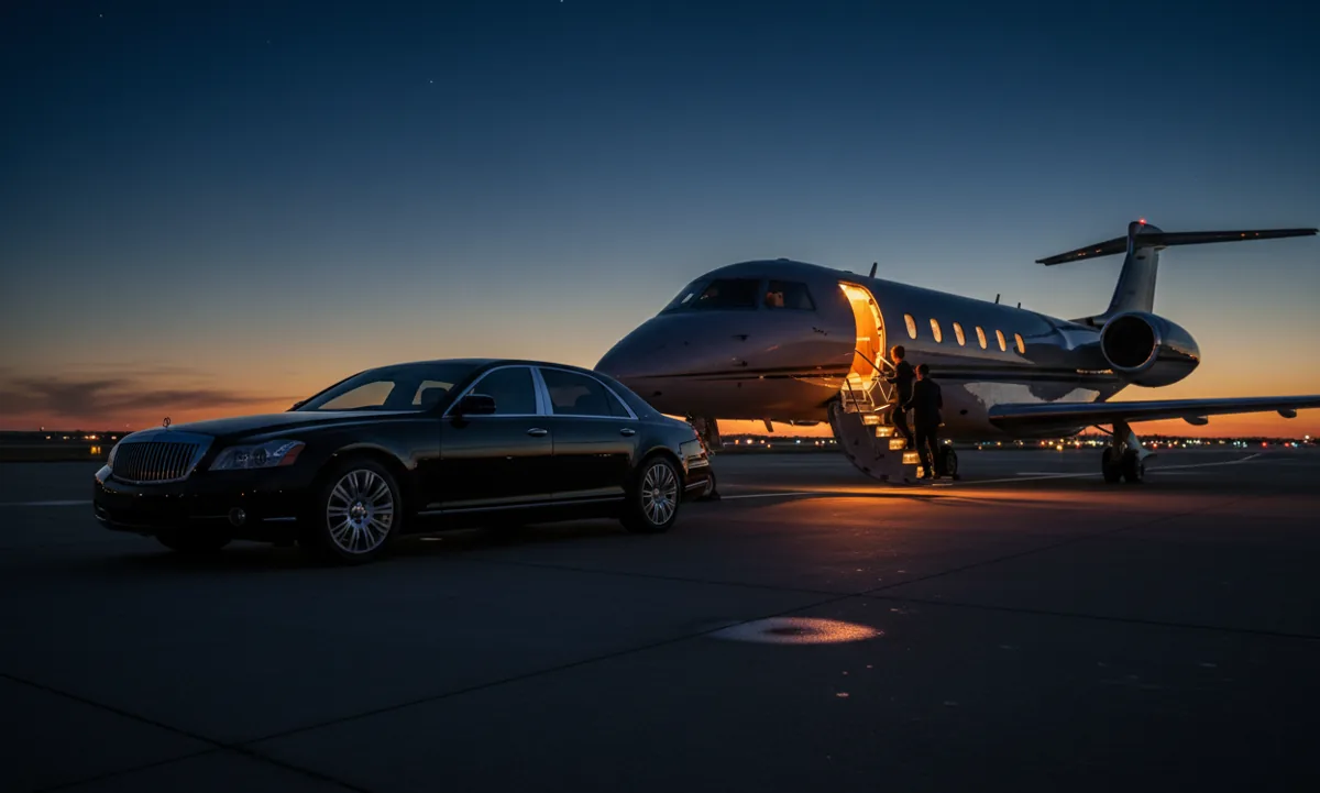 A luxury car parked on the tarmac beside the stairs of a private jet at night.