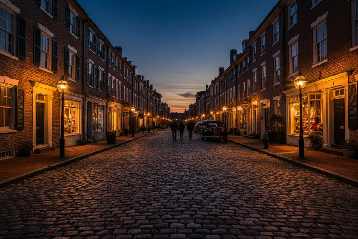 A cobblestone street in Old Town Alexandria at dusk, with historic buildings and glowing streetlights.