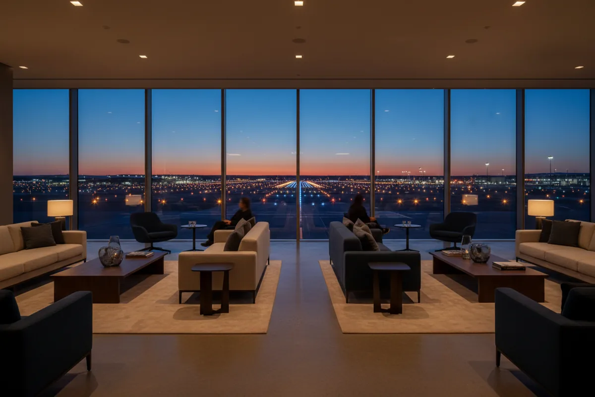 A modern private airport lounge with large windows overlooking an airfield at twilight.