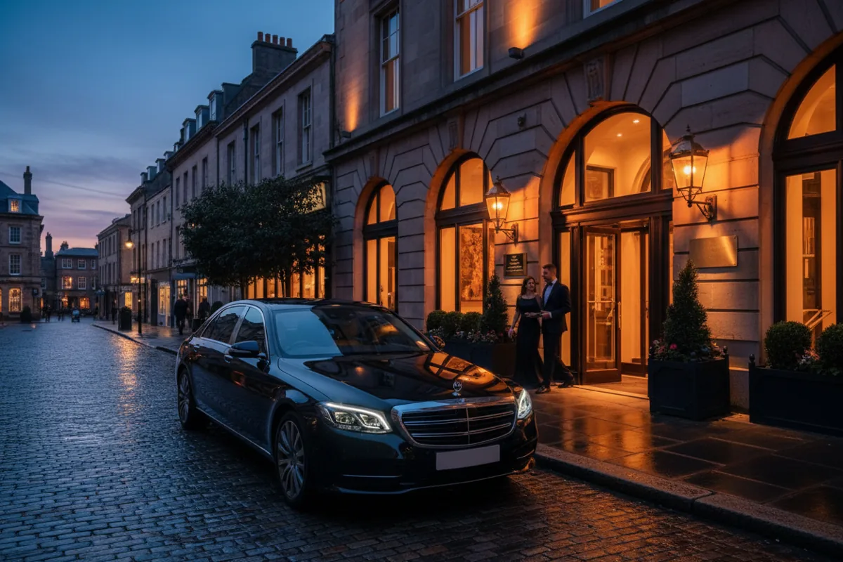 A black luxury car parked outside a boutique hotel entrance at dusk.