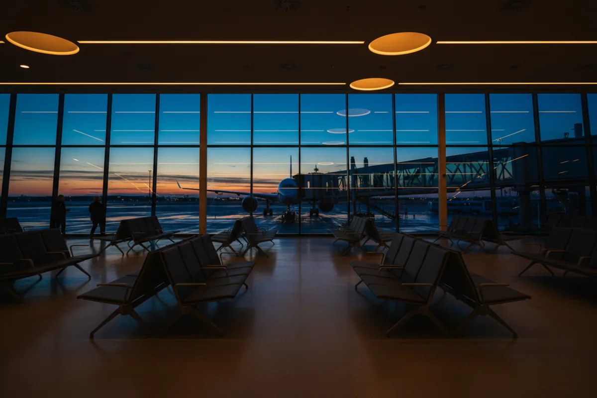 Empty seats at a quiet airport gate in the morning, with a view of the tarmac through large windows.