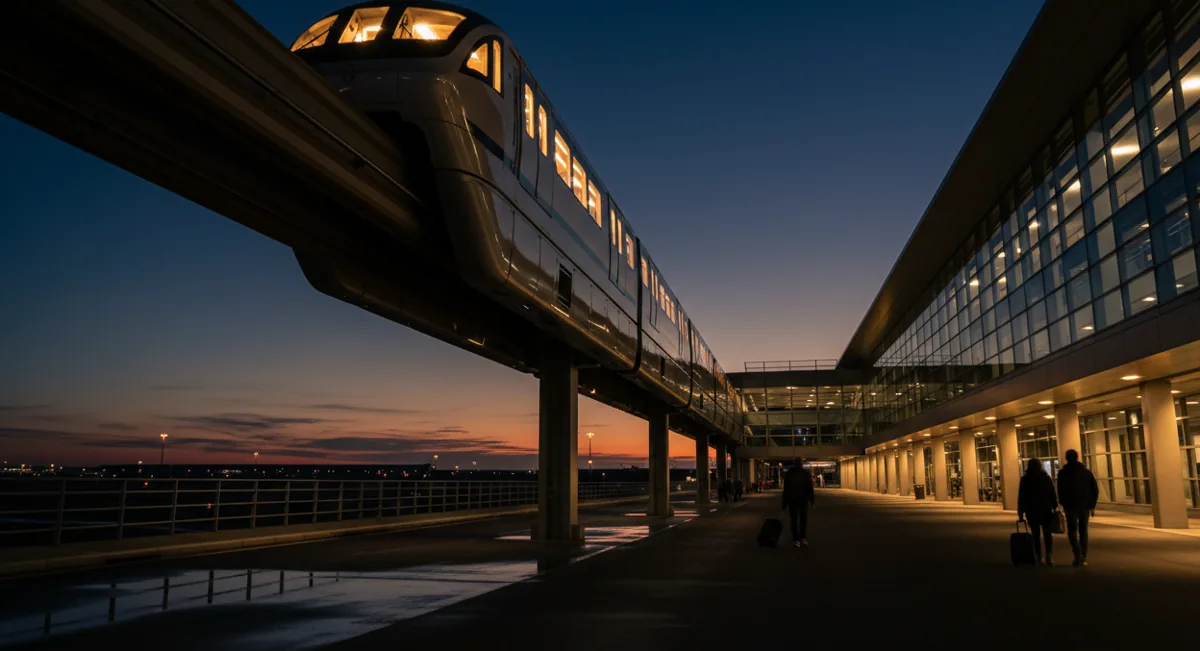 An illuminated airport monorail train on an elevated track at night.