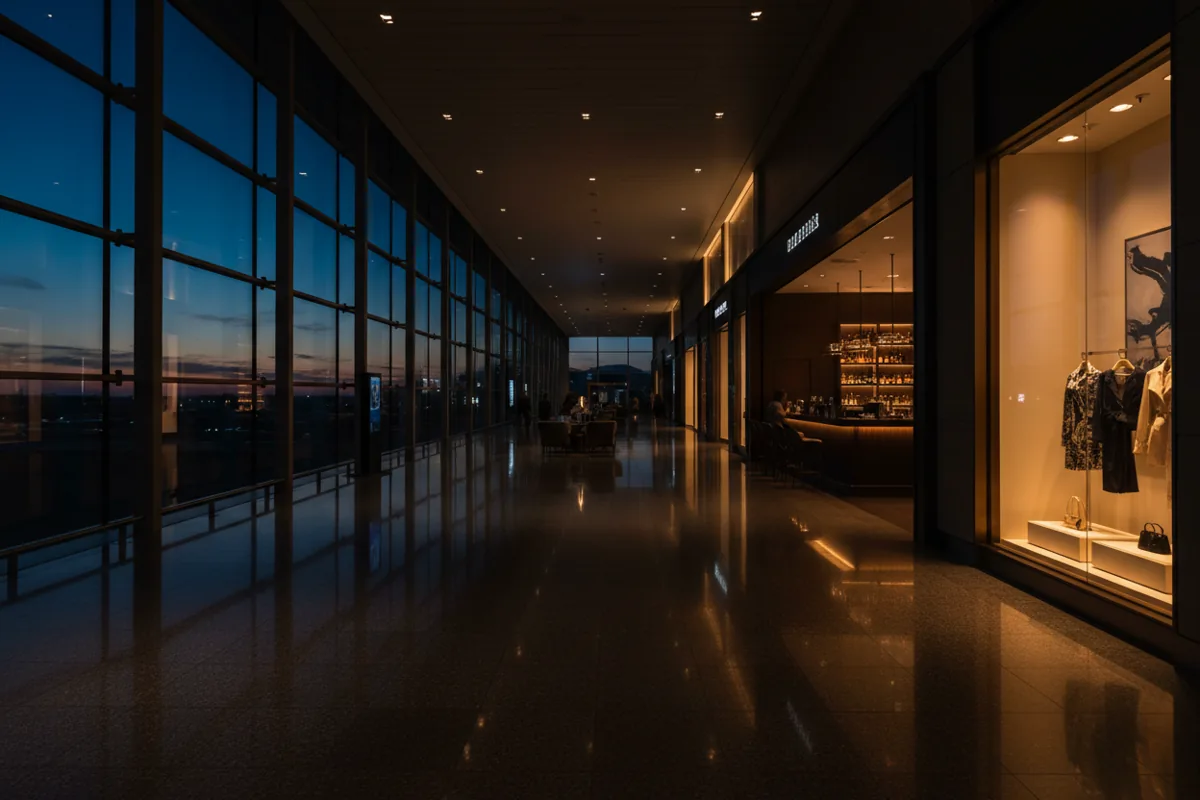 An upscale, warmly lit shopping and dining concourse inside an airport at night.
