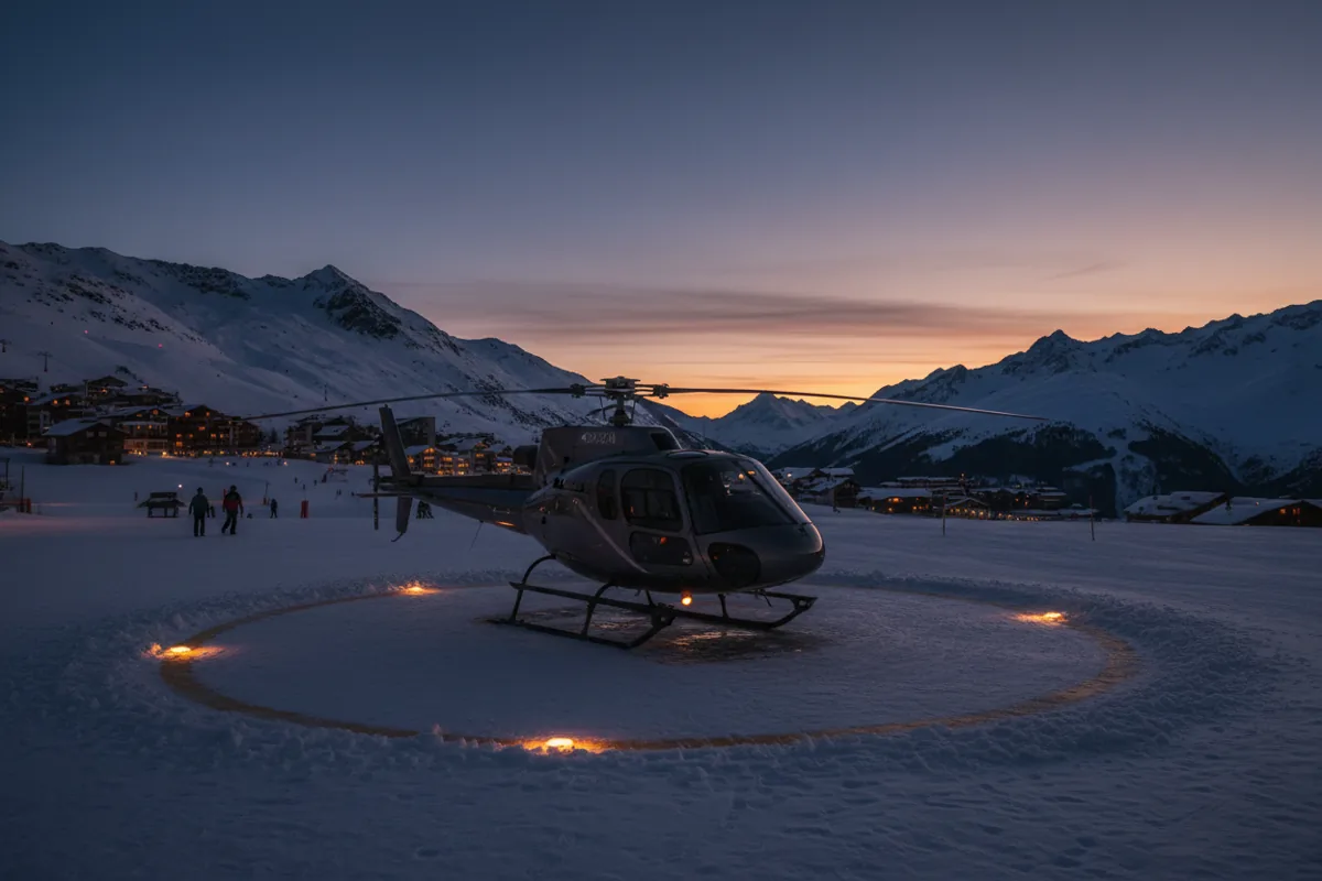 A helicopter landed on a snowy helipad in the Alpe d'Huez ski resort on a sunny day.