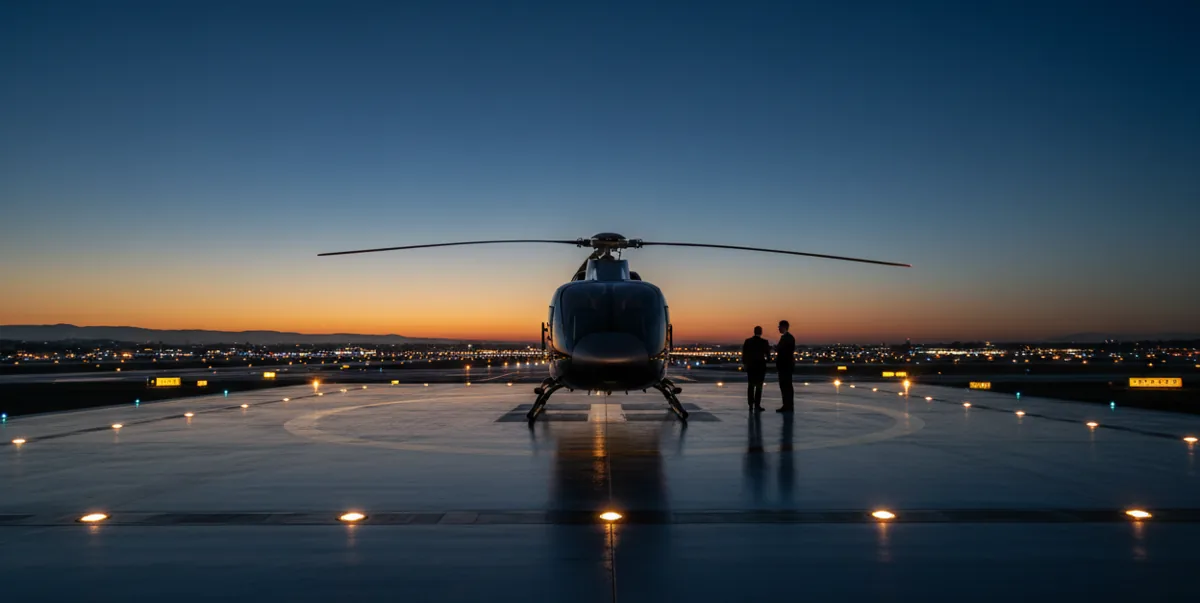 A helicopter on a helipad overlooking the glowing lights of Geneva Airport at twilight.