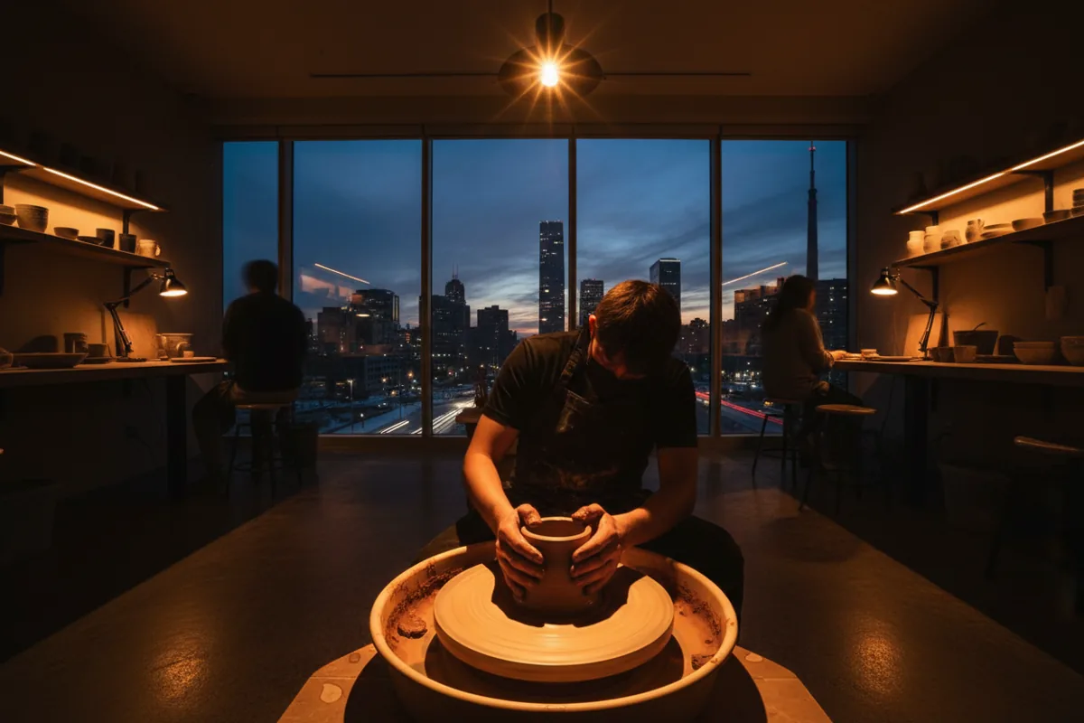 A person's hands shape clay on a pottery wheel in a warmly lit studio at dusk.