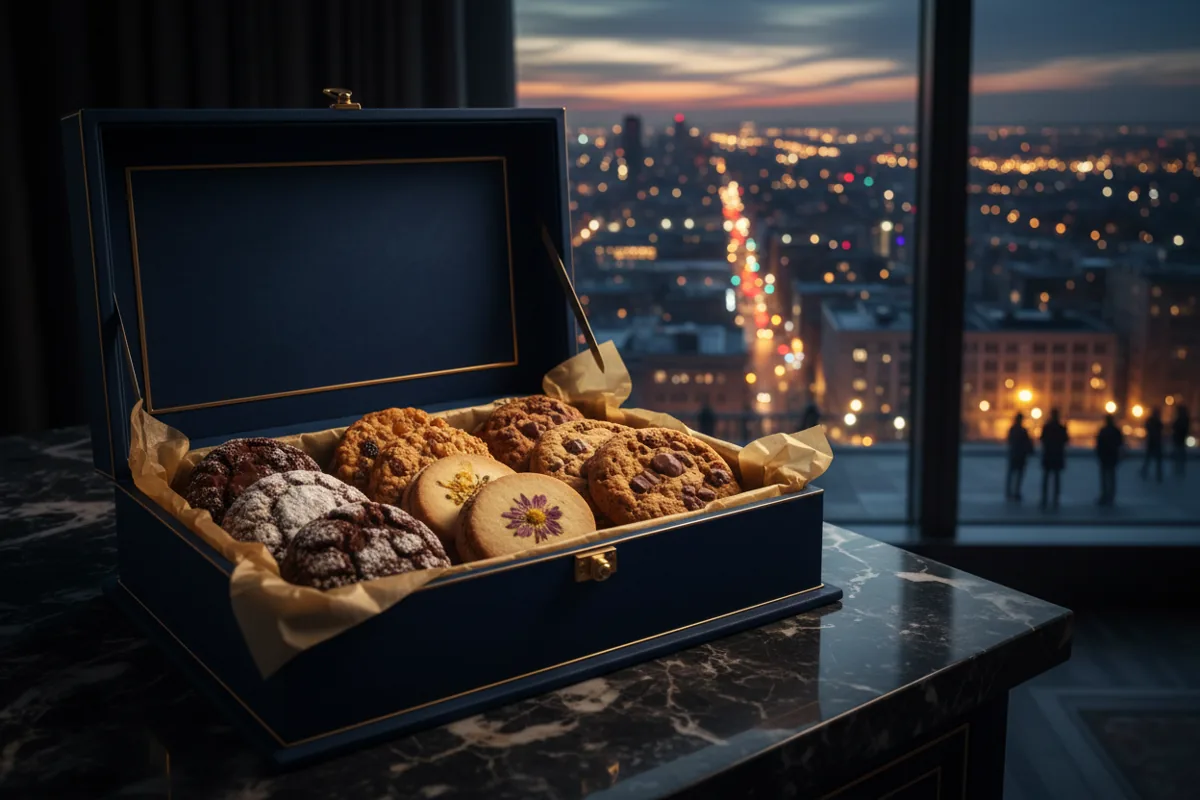 A gift box of gourmet cookies on a marble countertop with a view of city lights at night.