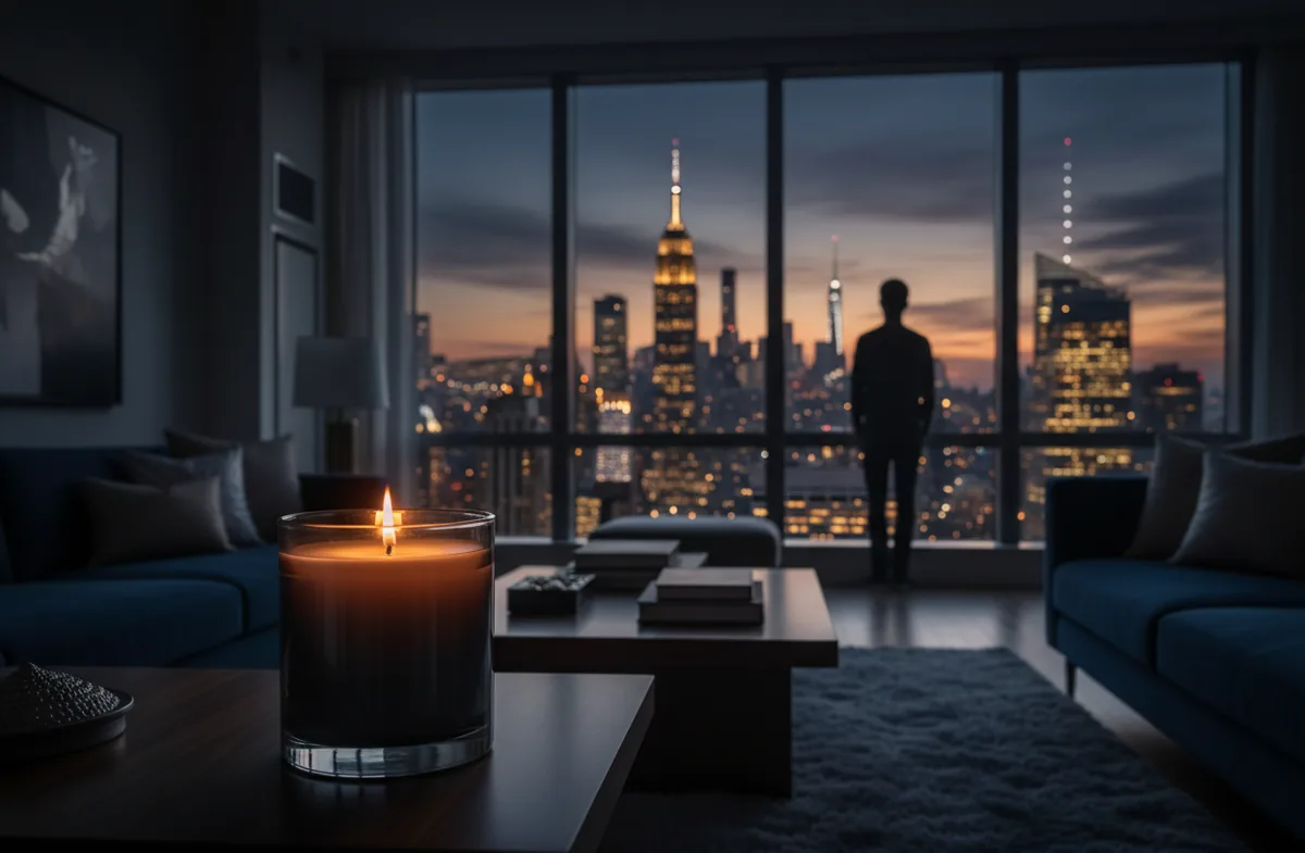 A lit candle on a coffee table in a modern apartment with a blurred city skyline view at dusk.