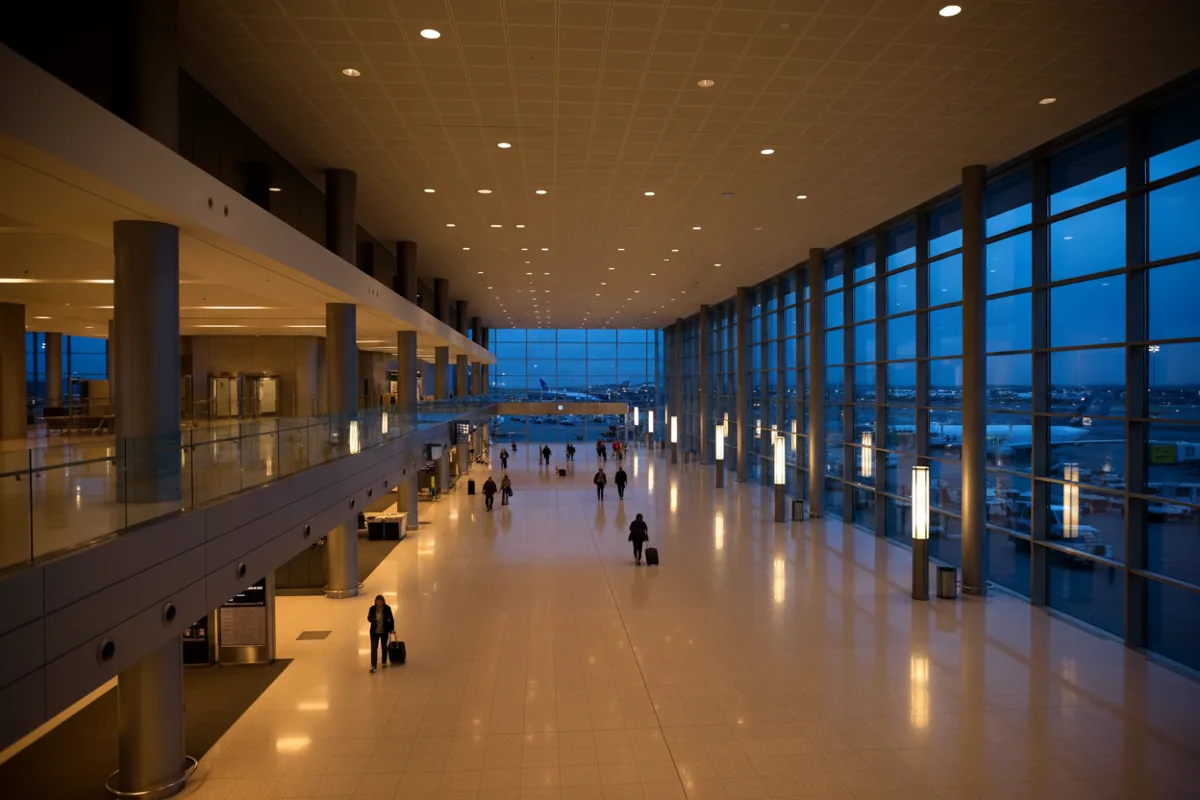 The interior of a modern, spacious airport terminal concourse at night.