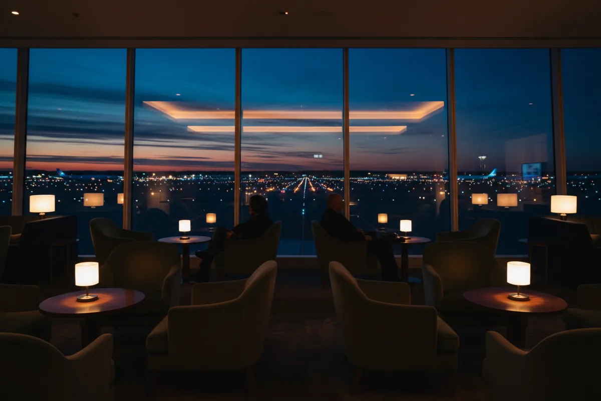 A quiet, upscale airport lounge with a view of the airfield at dusk.