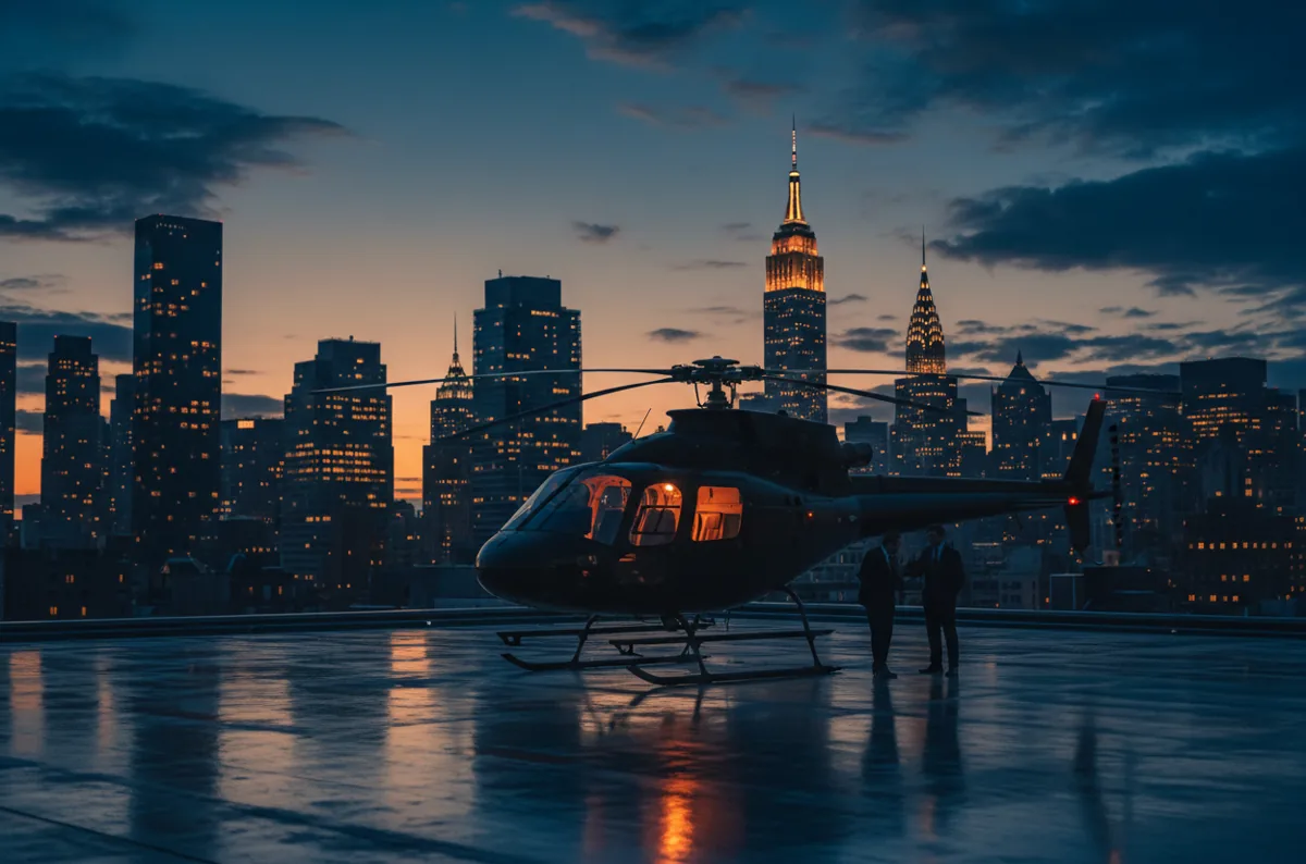 A helicopter on a helipad with the glowing Manhattan skyline at dusk.