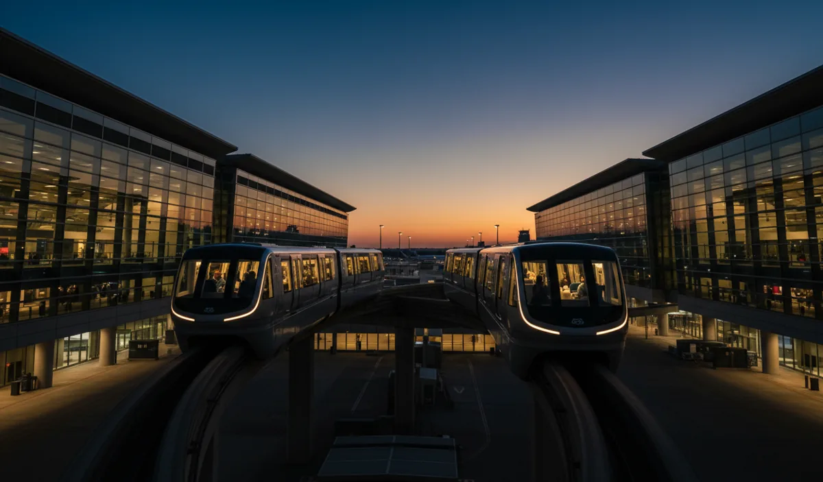 An airport monorail train travels on an elevated track between terminals at twilight.