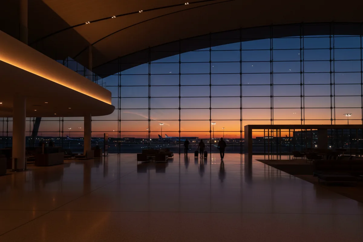 Silhouetted travelers walk through a modern, spacious airport concourse at dusk.