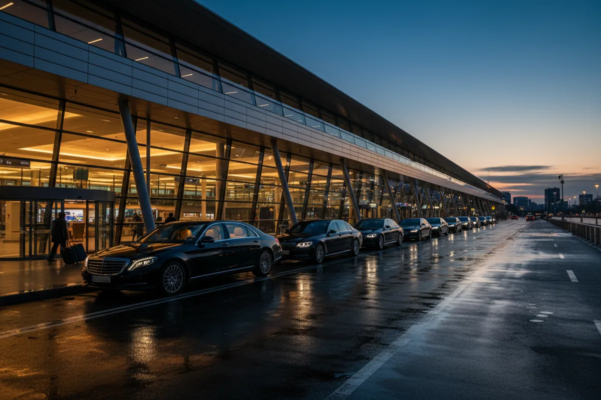 Black luxury cars wait for passengers at an airport terminal curb in the evening.