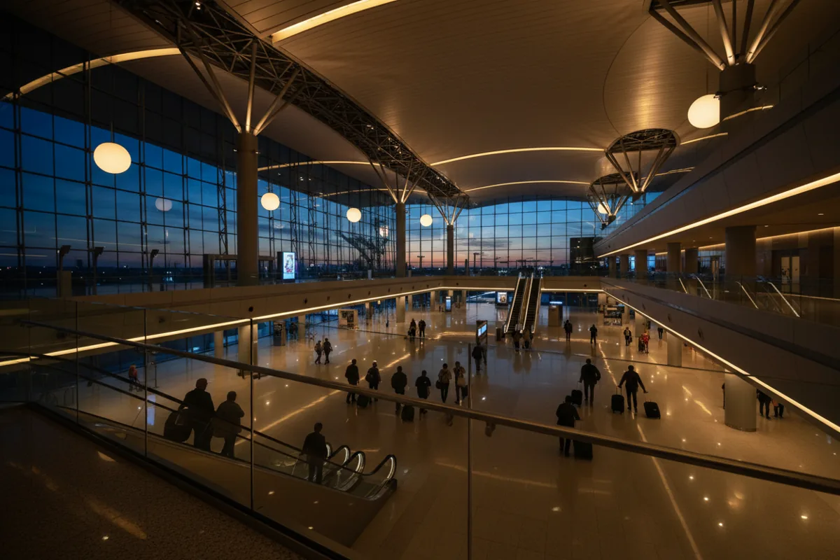 A spacious, modern airport terminal concourse at dusk, with silhouetted travelers walking below.