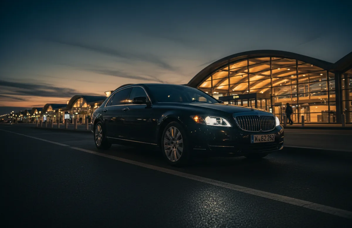 A black luxury sedan arriving at a brightly lit airport terminal curb at twilight.