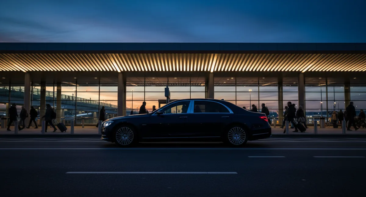 A luxury sedan arriving at the departures entrance of a modern airport terminal at night.
